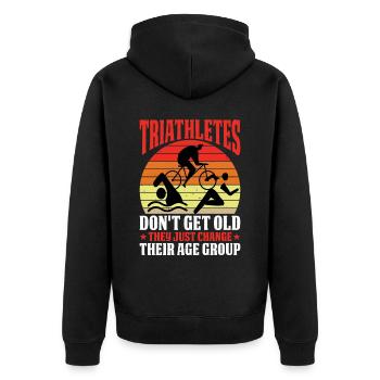 Triathletes Don't Get Old - Unisex Premium Bio Zip Hoodie - Schwarz - Hinten - Nico (187cm)