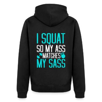 I Squat So My Ass Matches My Sass 2 - Unisex Premium Bio Zip Hoodie - Schwarz - Hinten - Nico (187cm)