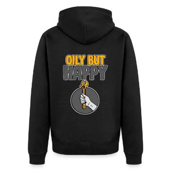 Oily But Happy 2 - Unisex Premium Bio Zip Hoodie - Schwarz - Hinten - Nico (187cm)