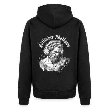 Zeus goes Streetwear: Trendsetter der Stadtmode! - Unisex Premium Bio Zip Hoodie - Schwarz - Hinten - Nico (187cm)
