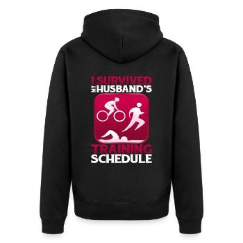 I Survived My Husband's Training Schedule 20 - Unisex Premium Bio Zip Hoodie - Schwarz - Hinten - Nico (187cm)
