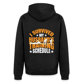 I Survived My Husband's Training Schedule 21 - Unisex Premium Bio Zip Hoodie - Schwarz - Hinten - Nico (187cm)