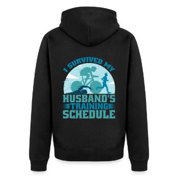 I Survived My Husband's Training Schedule 19 - Unisex Premium Bio Zip Hoodie - Schwarz - Hinten - Nico (187cm)