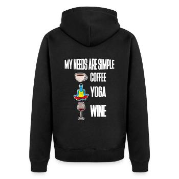 My Needs Are Simple, Coffee Yoga Wine 4 - Unisex Premium Bio Zip Hoodie - Schwarz - Hinten - Nico (187cm)