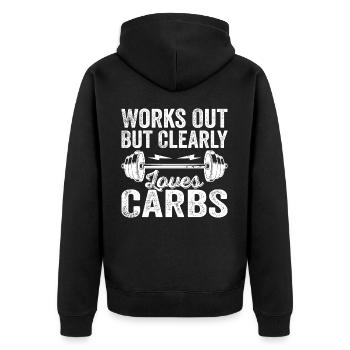 Funktioniert, liebt aber eindeutig Kohlenhydrate. Lustiges Fitness-Outfit - Unisex Premium Bio Zip Hoodie - Schwarz - Hinten - Nico (187cm)