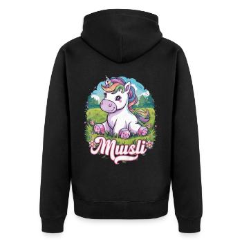 Kawaii Einhorn auf Blumenwiese - Unisex Premium Bio Zip Hoodie - Schwarz - Hinten - Nico (187cm)