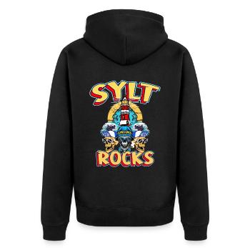 Sylt Deutschland Stadt Insel Leuchtturm Totenkopf - Unisex Premium Bio Zip Hoodie - Schwarz - Hinten - Nico (187cm)