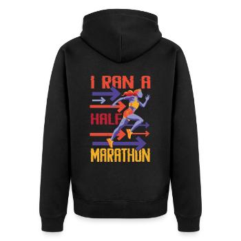 I Ran A Half Marathon - Unisex Premium Bio Zip Hoodie - Schwarz - Hinten - Nico (187cm)