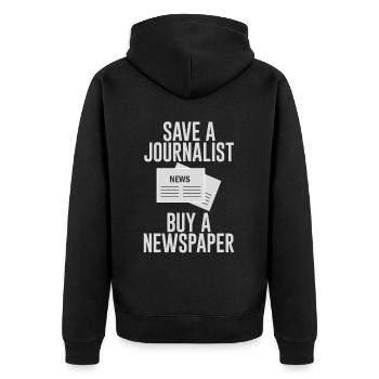Sauver un journaliste, acheter un journal 2 - Veste à capuche bio Premium Unisexe - noir - Dos - Nico (187cm)