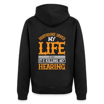 Deathcore Saved Me But It's Killing My Hearing 3 - Unisex Premium Bio Zip Hoodie - Schwarz - Hinten - Nico (187cm)