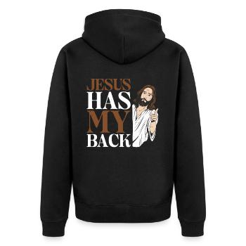 Jesus Has My Back 17 - Unisex Premium Bio Zip Hoodie - Schwarz - Hinten - Nico (187cm)