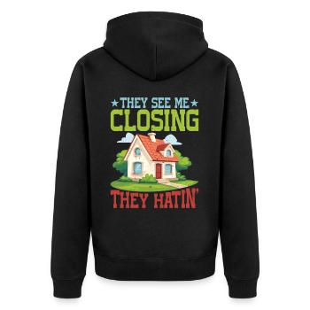 They See Me Closing, They Hatin' 5 - Unisex Premium Bio Zip Hoodie - Schwarz - Hinten - Nico (187cm)