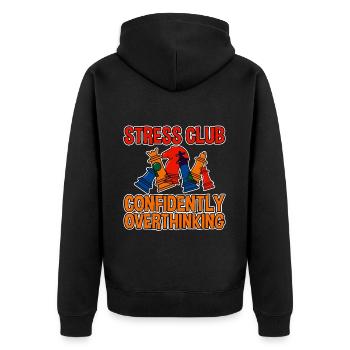 Stress Club, Confidently Overthinking 2 - Unisex Premium Bio Zip Hoodie - Schwarz - Hinten - Nico (187cm)