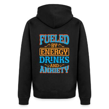 Fueled By Energy Drinks And Anxiety 5 - Unisex Premium Bio Zip Hoodie - Schwarz - Hinten - Nico (187cm)