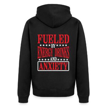 Fueled By Energy Drinks And Anxiety 6 - Unisex Premium Bio Zip Hoodie - Schwarz - Hinten - Nico (187cm)