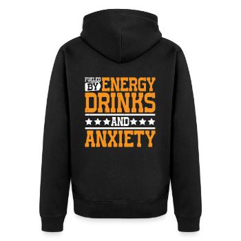 Fueled By Energy Drinks And Anxiety 7 - Unisex Premium Bio Zip Hoodie - Schwarz - Hinten - Nico (187cm)