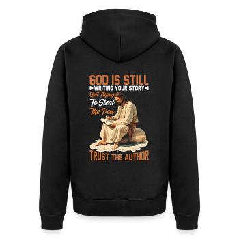 God Is Still Writing Your Story 25 - Unisex Premium Organic Zip Hoodie - black - Back - Nico (187cm)