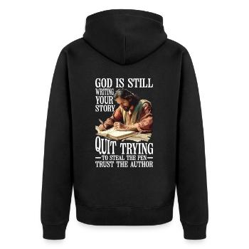 God Is Still Writing Your Story 26 - Unisex Premium Organic Zip Hoodie - black - Back - Nico (187cm)