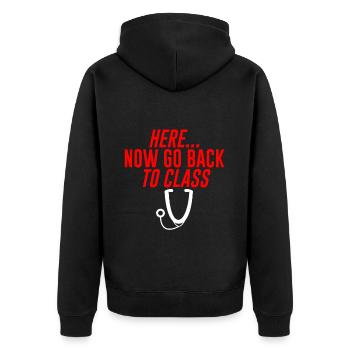 Here... Now Go Back To Class 4 - Unisex Premium Organic Zip Hoodie - black - Back - Nico (187cm)