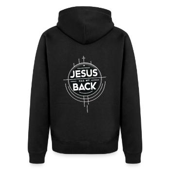 Jesus Has My Back 19 - Unisex Premium Bio Zip Hoodie - Schwarz - Hinten - Nico (187cm)
