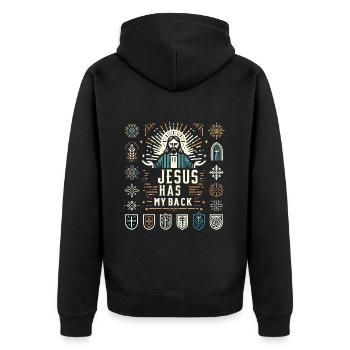 Jesus Has My Back 20 - Unisex Premium Bio Zip Hoodie - Schwarz - Hinten - Nico (187cm)