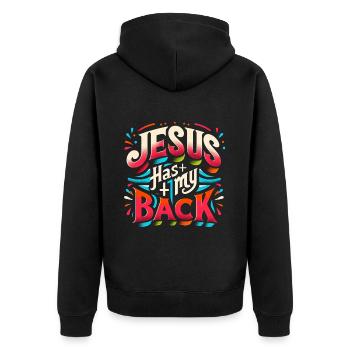 Jesus Has My Back 22 - Unisex Premium Bio Zip Hoodie - Schwarz - Hinten - Nico (187cm)