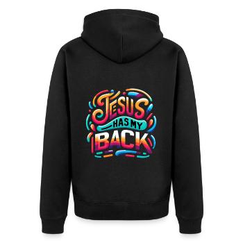 Jesus Has My Back 24 - Unisex Premium Bio Zip Hoodie - Schwarz - Hinten - Nico (187cm)