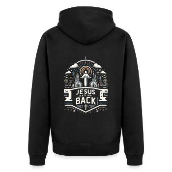 Jesus Has My Back 28 - Unisex Premium Bio Zip Hoodie - Schwarz - Hinten - Nico (187cm)