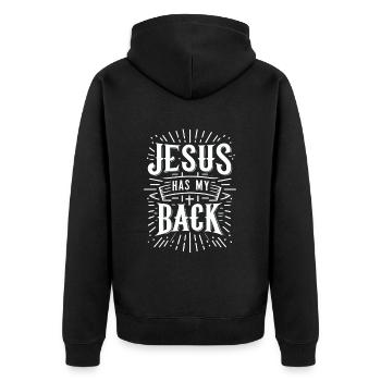Jesus Has My Back 31 - Unisex Premium Bio Zip Hoodie - Schwarz - Hinten - Nico (187cm)