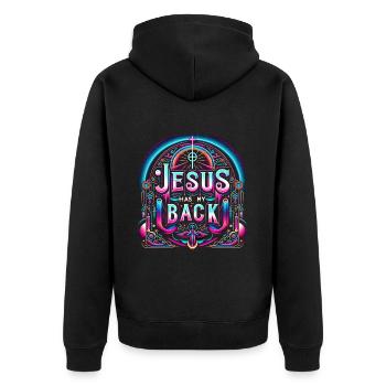 Jesus Has My Back 26 - Unisex Premium Bio Zip Hoodie - Schwarz - Hinten - Nico (187cm)