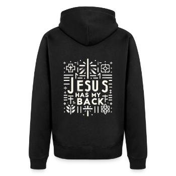 Jesus Has My Back 30 - Unisex Premium Bio Zip Hoodie - Schwarz - Hinten - Nico (187cm)