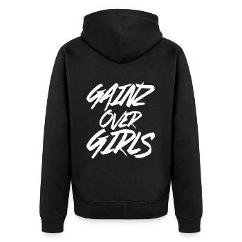 Gainz Over Girls - Unisex Premium Bio Zip Hoodie - Schwarz - Hinten - Nico (187cm)