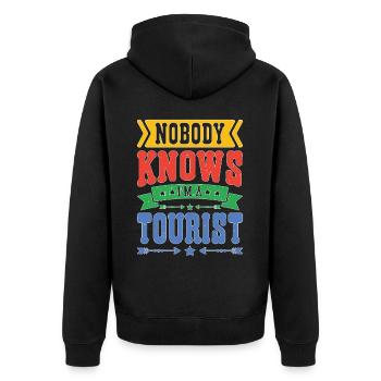 Nobody Knows I'm A Tourist 18 - Unisex Premium Bio Zip Hoodie - Schwarz - Hinten - Nico (187cm)
