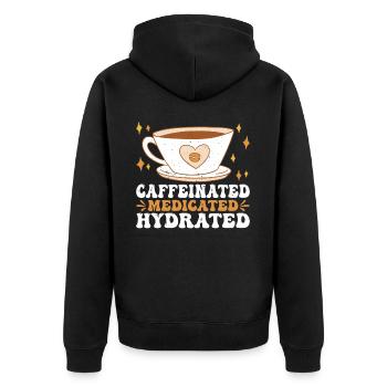 Caffeinated Medicated Hydrated 3 - Unisex Premium Organic Zip Hoodie - black - Back - Nico (187cm)
