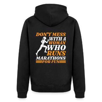 Don't Mess With A Woman Who Runs Marathons 3 - Unisex Premium Bio Zip Hoodie - Schwarz - Hinten - Nico (187cm)