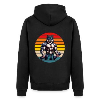 Muscular Wolf Bodybuilder Gym Workout Retro Sunset - Unisex Premium Bio Zip Hoodie - Schwarz - Hinten - Nico (187cm)