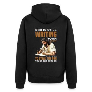 God Is Still Writing Your Story 34 - Unisex Premium Organic Zip Hoodie - black - Back - Nico (187cm)