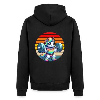 Licorne arc-en-ciel soulevant dans la salle de sport - Veste à capuche bio Premium Unisexe - noir - Dos - Nico (187cm)