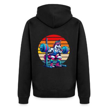 Licorne arc-en-ciel accroupie dans la salle de sport - Veste à capuche bio Premium Unisexe - noir - Dos - Nico (187cm)