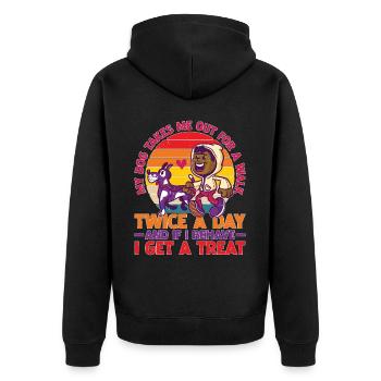 Dog Walks Me Twice Daily, Behave for Treat - Unisex Premium Bio Zip Hoodie - Schwarz - Hinten - Nico (187cm)