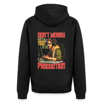 Don't Worry, We'll Test It In Production 7 - Unisex Premium Bio Zip Hoodie - Schwarz - Hinten - Nico (187cm)