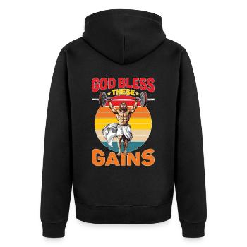 God Bless These Gains 2 - Unisex Premium Organic Zip Hoodie - black - Back - Nico (187cm)
