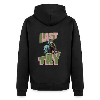 Last TRY Gamer Zombie - Unisex Premium Bio Zip Hoodie - Schwarz - Hinten - Nico (187cm)
