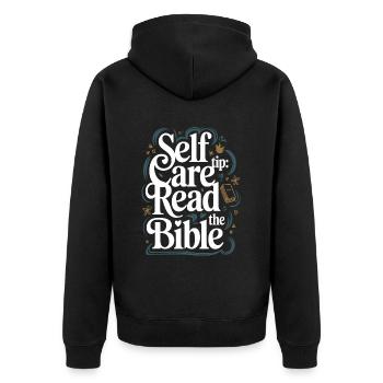 Self Care Tip Read The Bible - Unisex Premium Bio Zip Hoodie - Schwarz - Hinten - Nico (187cm)