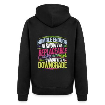 Replaceable Yet Downgrade If Replaced 6 - Unisex Premium Bio Zip Hoodie - Schwarz - Hinten - Nico (187cm)