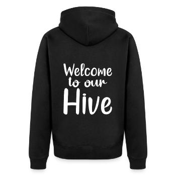 Welcome To Our Hive - Unisex Premium Bio Zip Hoodie - Schwarz - Hinten - Nico (187cm)