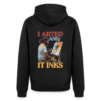 I Arted And It Inks - Unisex Premium Bio Zip Hoodie - Schwarz - Hinten - Nico (187cm)