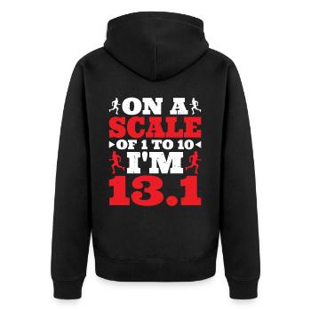 On A Scale of 1 To 10 I'm 13.1 6 - Unisex Premium Bio Zip Hoodie - Schwarz - Hinten - Nico (187cm)