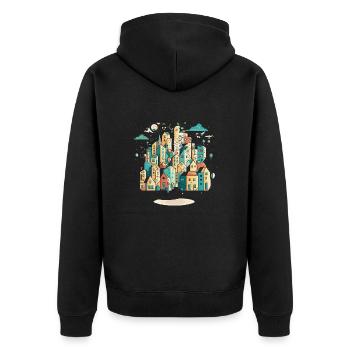 Cityscape Connections: Ein stilisiertes Bild von Interco - Unisex Premium Bio Zip Hoodie - Schwarz - Hinten - Nico (187cm)