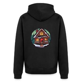 Winterhütte: ein gemütlicher und verspielter Rückzugsort im Sn - Unisex Premium Bio Zip Hoodie - Schwarz - Hinten - Nico (187cm)